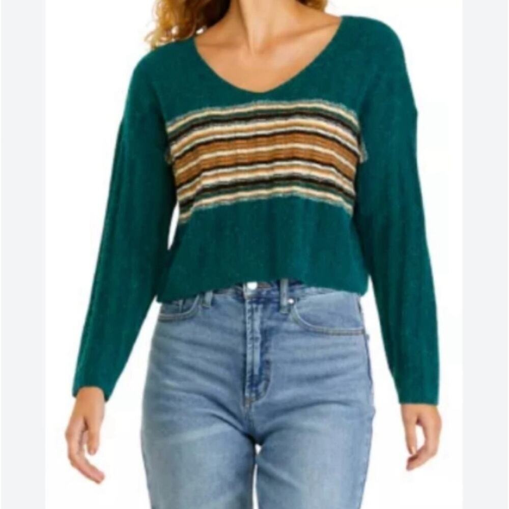 True Craft Cropped Retro Striped Sweater Sz M Green Boho Ribbed Knit Casua New